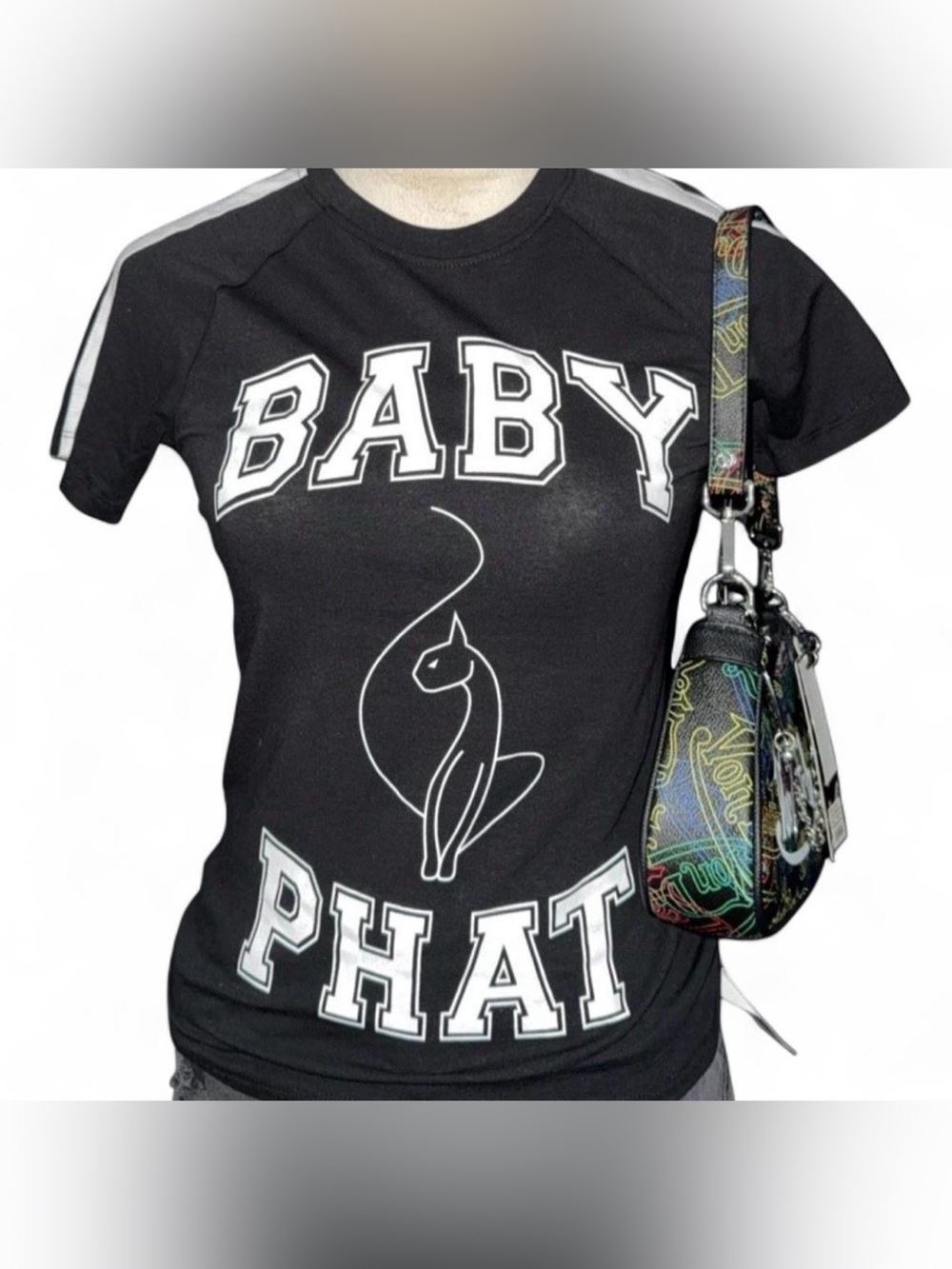 Baby Phat Black Graphic Short Sleeve Tee with White Logo